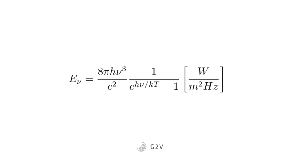 Planck’s Law equation describing the power of light emitted by a black body as unit area, per frequency