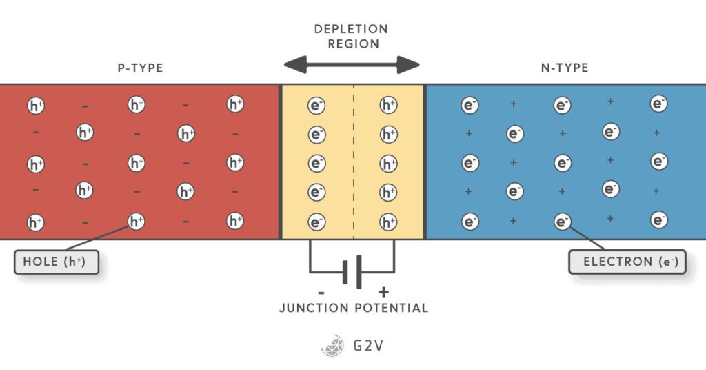 The diffusion of charge carriers across a semiconductor junction creates the depletion region and a junction potential.