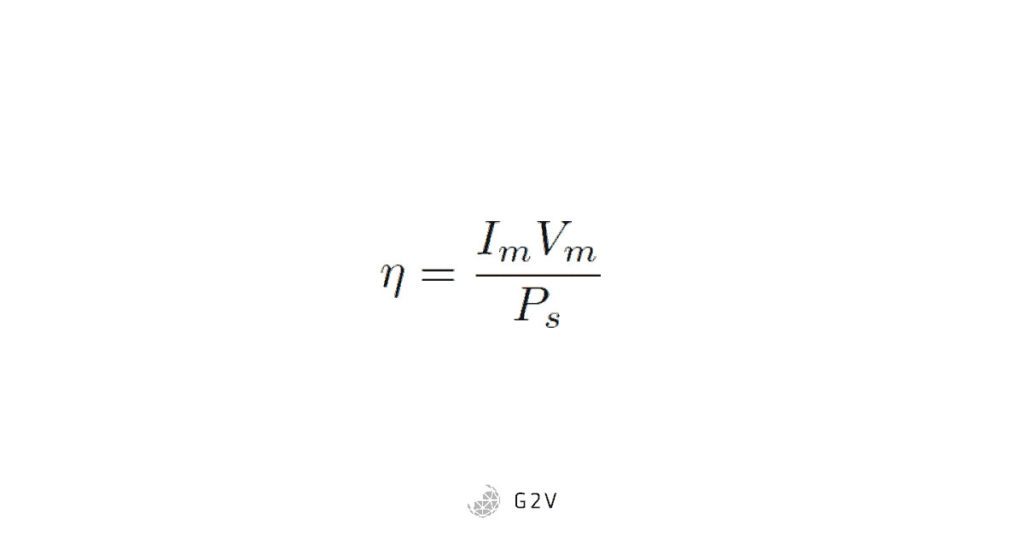 Efficiency equation of a solar cell, where efficiency is equal to product of current and voltage at max power point, divided by the input light power. 