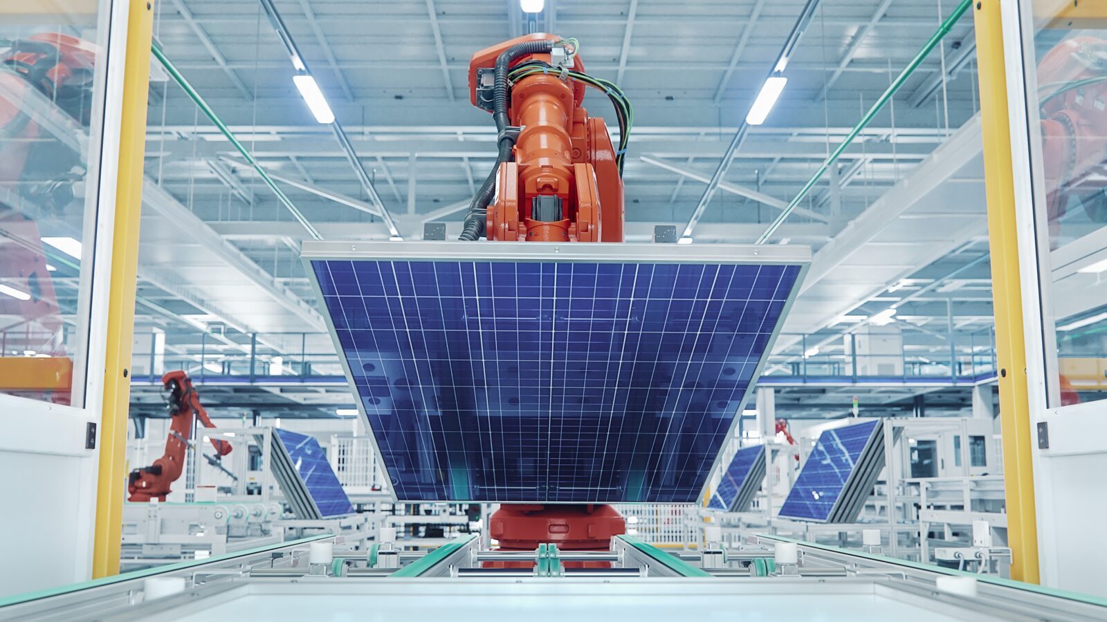A solar panel on a solar panel manufacturing line on its way to testing