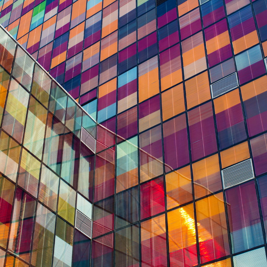 Multi colored Building Integrated Photovoltaic (BIPV) panels.