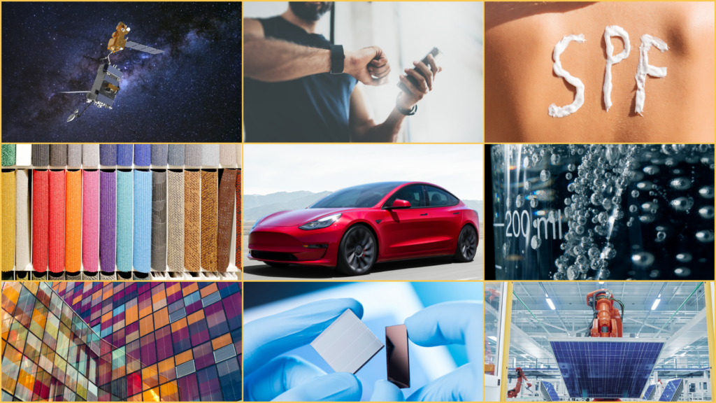 A collage of areas using a solar simulator for testing: Aerospace, Wearables, Pharmaceuticals, Textiles, Automotive, Photochemistry, Smart Glass, Photovoltaic research, and Photovoltaic lines.